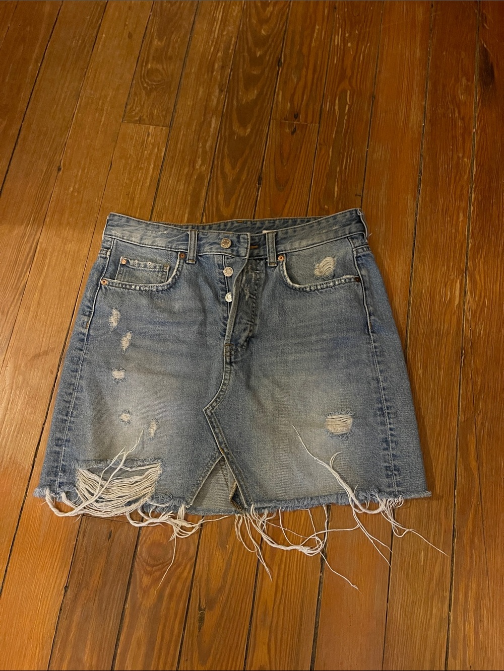 Denim Distressed Mini Skirt - Blue